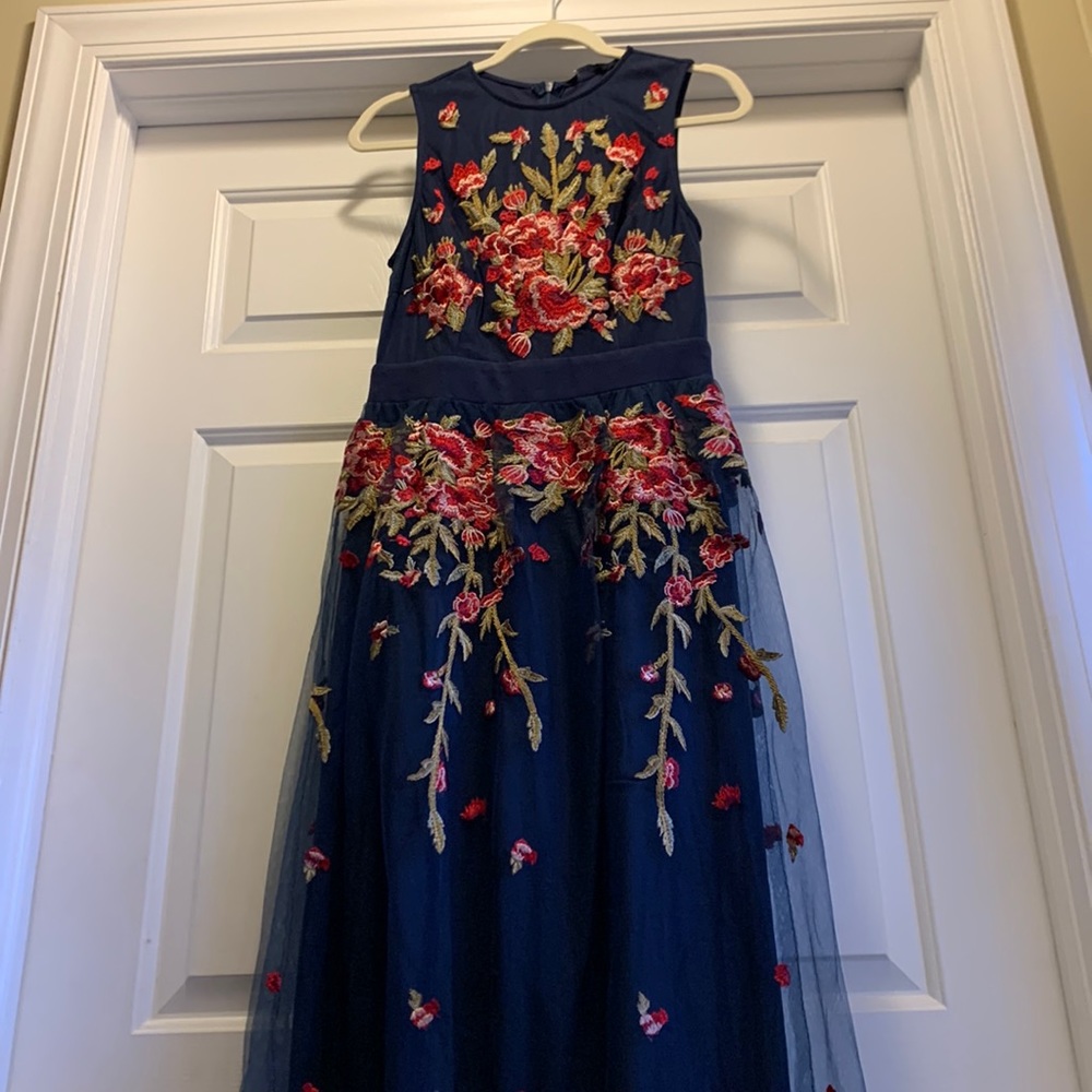 Simplee Apparel Navy Midi Dress with Red & Gold Floral Embroidery